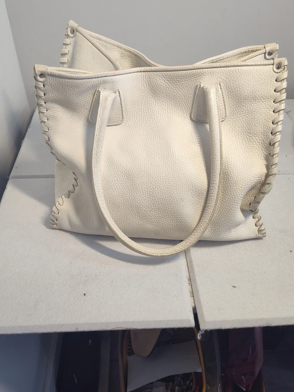 Floral Whipstitch Tassel Tote - Cream with Pink & Orange Flowers